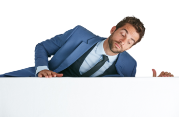 Billboard, poster and man looking down at advertising for news or announcement on wall. Climbing, reading and professional person with blank sign for brand logo isolated on transparent png background