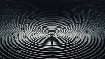 A person standing strong amidst a labyrinth, representing the journey of self-discovery and resilience in mental health | generative ai
