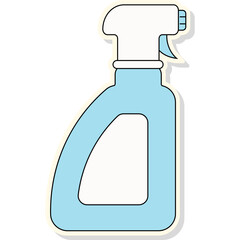 Doodle clean equipment, housework bottles. Disinfect house tools, mop and spray, trendy home, detergents in different containers. Cartoon style elements. Vector isolated tidy illustration