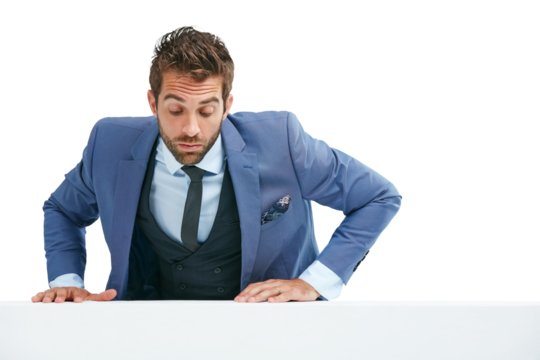 Business man, poster and looking down at advertising for job opportunity, news and announcement on wall. Climbing, reading and professional person in corporate isolated on transparent png background