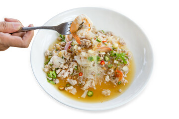 Top view of Vermicelli Salad with Shrimp, focus selective