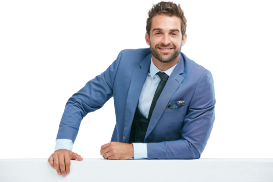 Portrait, poster mockup or businessman with board for advertising for job opportunity or announcement. Smile, banner or happy entrepreneur with a marketing sign isolated on transparent png background