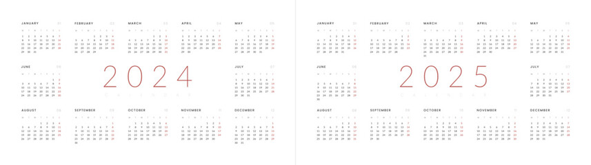 Set of 2024-2025 Annual Calendar template. Vector layout of a wall or desk simple calendar with week start monday. Horizontal Calendar design in black and white colors, holidays in red colors.