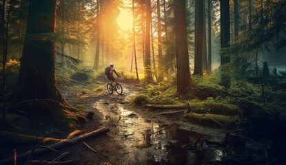Woman rides her mountain bike through a dense forest illuminated by the warm glow of the setting sun.