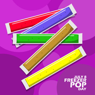 fresh frozen ice with elliptical shape with different flavors commonly called Freezer Pop and bold text on purple background to celebrate National Freezer Pop Day on July 8