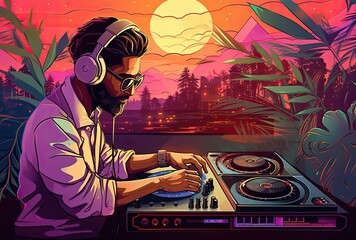 Vibrant and dynamic painting capturing the essence of a DJ in action, mixing music decks with passion and skill. The colors burst with energy, mirroring the pulsating beats and creating an atmosphere