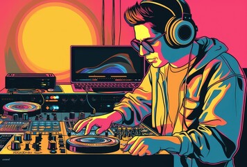 Vibrant and dynamic painting capturing the essence of a DJ in action, mixing music decks with passion and skill. The colors burst with energy, mirroring the pulsating beats and creating an atmosphere