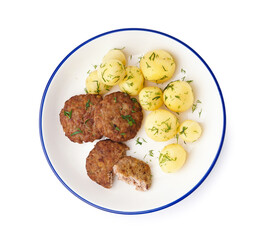 Bowl with cutlets, boiled baby potatoes and dill on white background