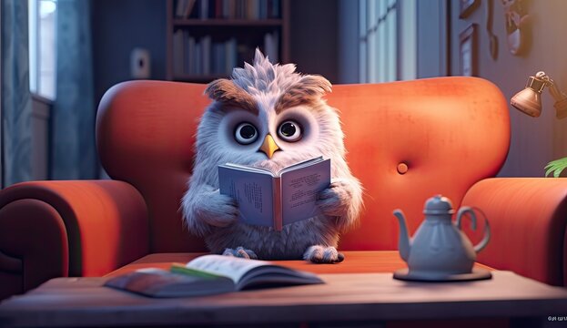 Smart Owl reading a book. Cartoon style for kids. 