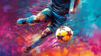 Obraz na płótnie Canvas soccer player in flight with a soccer ball image in the style of abstract impressionism. Generative Ai. 