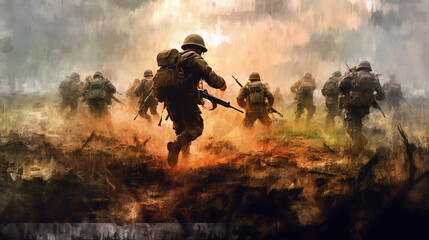 fast movement of soldiers across the field on a cloudy day. Generative Ai. 