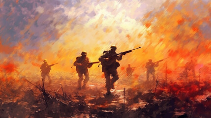 Soldiers with weapons. the beginning of hostilities against the background of a black dirty Earth and a yellow-orange sunset. Generative Ai. 