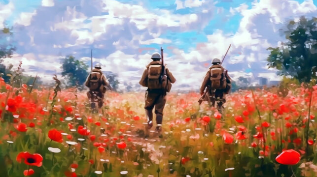 three soldiers with weapons go deep into the field with red poppies. Generative Ai. 