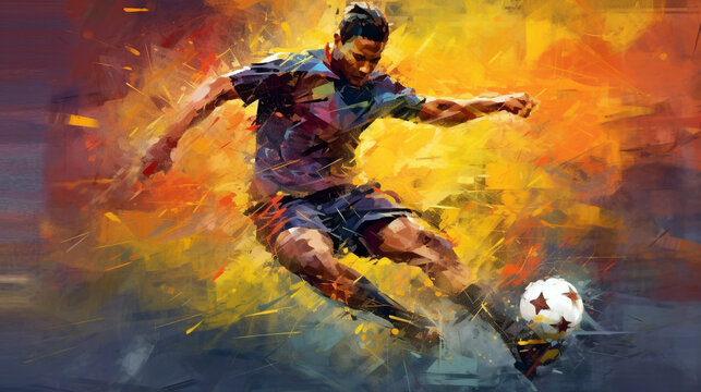 abstract image in the style of impressionism of a football player with a ball on a yellow background. Generative Ai. 