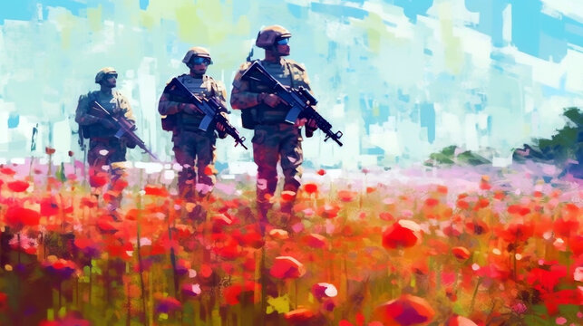 a field of blue sky with red poppies, along which three soldiers with machine guns are moving. Generative Ai. 