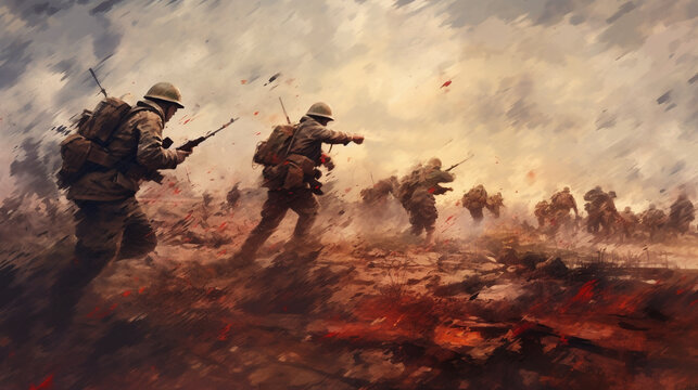 running soldiers across a muddy field on a cloudy day. start of hostilities. Generative Ai. 