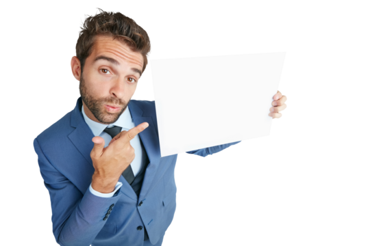 Portrait, pointing or businessman with poster mockup for advertising for logo, news or announcement. Blank space, banner or entrepreneur with a marketing board isolated on transparent png background