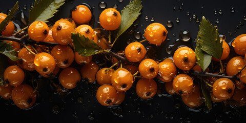 Fototapeta na wymiar Top view close-up of fresh orange buckthorn with leaves in drops of water on black background. Sea Berry horizontal wallpaper, fresh buckthorns banner. Generative AI professional photo imitation.