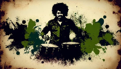 Rolgordijnen Afro-American male jazz musician drummer playing drums in an abstract vintage distressed style painting for a poster or flyer, computer Generative AI stock illustration image © Tony Baggett