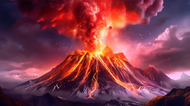 Volcano eruption creating an explosive mix of volcanic ash and molten rock lava from its crater which will lead to an erupting pyroclastic flow, computer Generative AI stock illustration image