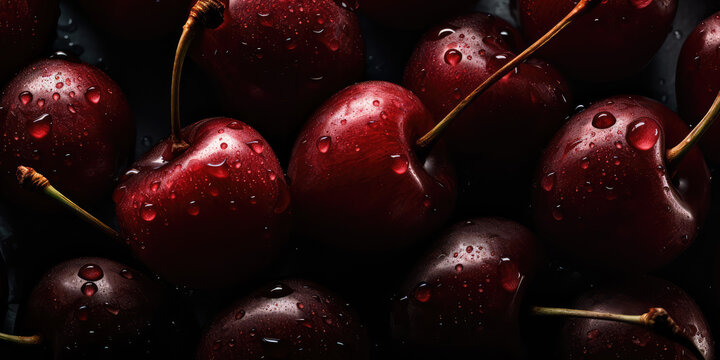 Above view of lots of red fresh cherry in drops of water on a black background surface. Berry fruit wallpaper, fresh cherries food concept banner. Generative AI professional photo imitation.