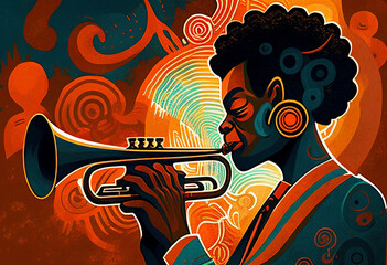 Afro-American female jazz musician trumpeter playing a brass trumpet in an abstract style painting for a poster or flyer, computer Generative AI stock illustration - obrazy, fototapety, plakaty