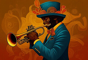 Afro-American male jazz musician trumpeter playing a brass trumpet in an abstract style painting for a poster or flyer, computer Generative AI stock illustration