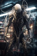 Fototapeta na wymiar A full figure of white alien dressed in white mystical demonic warrior stuck in a mess of cables in futuristic lab 