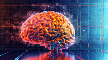3d illustration of the human brain in neon lighting. Generative Ai. 