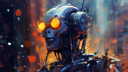 Fototapeta premium illustration on the theme of science fiction. close-up robot head in with orange glasses. Generative Ai. 