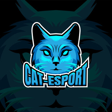 head cat e-sport logo design in blue color. animal vector illustration