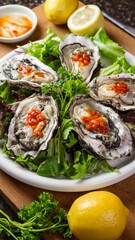 Indulgent Delight: Exquisite Close-Up of Fresh Raw Oysters in Shell with Savory Sauce and Zesty Lemon, in 4K Resolution