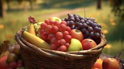 Obraz premium fruit basket on the background of the forest edge. Generative Ai. 
