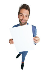 Portrait, mockup space or happy businessman with poster for advertising for logo, news or announcement. Smile, banner or entrepreneur with a marketing board isolated on transparent png background