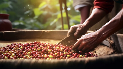 coffee picker stirs coffee beans in a bag. Generative Ai. 