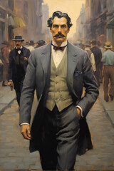 A painting of muscular man with a handlebar mustache wearing a suit while walking on the street during industry revolution period, 19th century era - obrazy, fototapety, plakaty