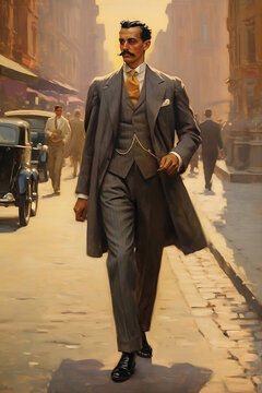 A painting of muscular man with a handlebar mustache wearing a suit while walking on the street during industry revolution period, 19th century era