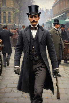 A painting of muscular man with a handlebar mustache wearing a suit while walking on the street during industry revolution period, 19th century era