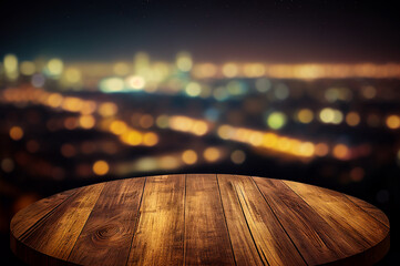Blank empty wooden round tabletop over blur city night view background, mock up and montage for product