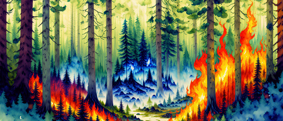 The vibrant watercolor expression of trees in the midst of a great forest fire. Generative AI. 