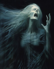Banshee's wailing ability with her mouth wide open in a silent scream in agonize pain - obrazy, fototapety, plakaty