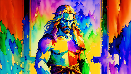 Colorful watercolor portrait of Jesus Christ on illuminated background with colors, in watercolor style. Generative AI.