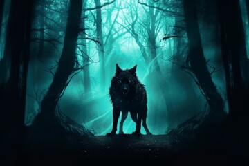 wolf silhouette in dark fantasy forest. Generative AI