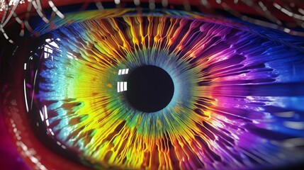 Human multicolored iris of the eye animation concept. Rainbow lines after a flash scatter out of a bright white circle and forming volumetric a human eye iris and pupil, Generative AI