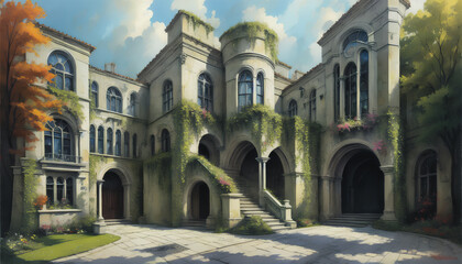 Fototapeta premium The castle on an island in stormy weather: dark and foreboding. A perilous place. Generative AI.