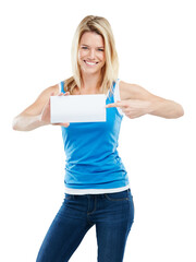 Portrait, pointing or happy woman with board sign for promotion isolated on transparent png background. Space, smile or excited girl smiling with marketing paper or gesture showing product or news