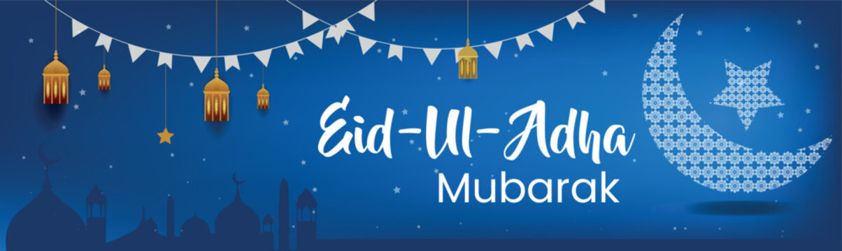 Eid Al Adha Banner Design Vector Illustration. Moslem Holiday.  Modern Islamic suitable for Ramadan, Raya Hari, Eid al Adha and Mawlid.