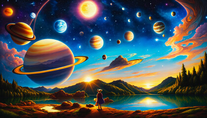 Naklejka premium The surreal landscape of great lakes with stars and planets in the sky. Generative AI.