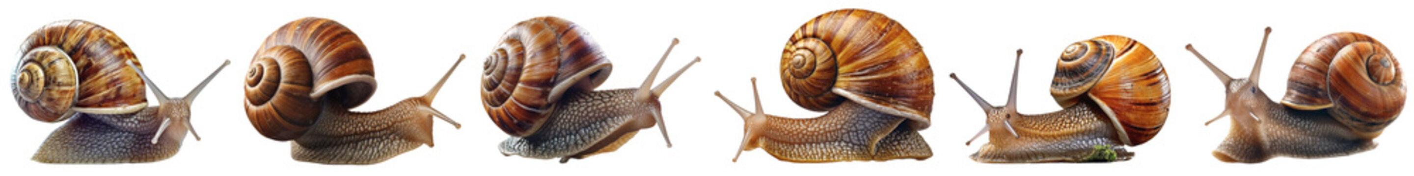 Crawling snails with their snail shell on a transparent background, Generative AI