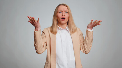Business woman feeling hopelessness loneliness, nervous breakdown, loses becoming surprised by...